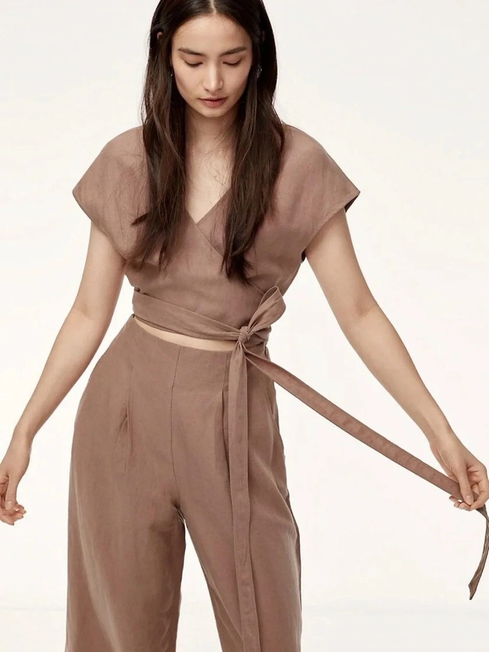 Wilfred Aritzia Women Size 0 Brax Linen Blend Jumpsuit Wrap Top Nutmeg Wide Leg